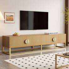 180cm TV Unit With Grained Wood Finish – Modern Dining Room Unit, 4 Doors, Semi-Circular Handle - Khaki - View 9