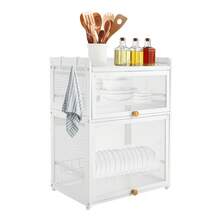 RibasuBB 3-Tier Tabletop Dish Drying Rack With Magnetic Flip Front, Mesh Sides, Pull-Out Drip Tray, Carbon Steel Frame, Large Capacity, Plate Grooves, Side Hooks, Adjustable Feet White - trắng - Xem 11