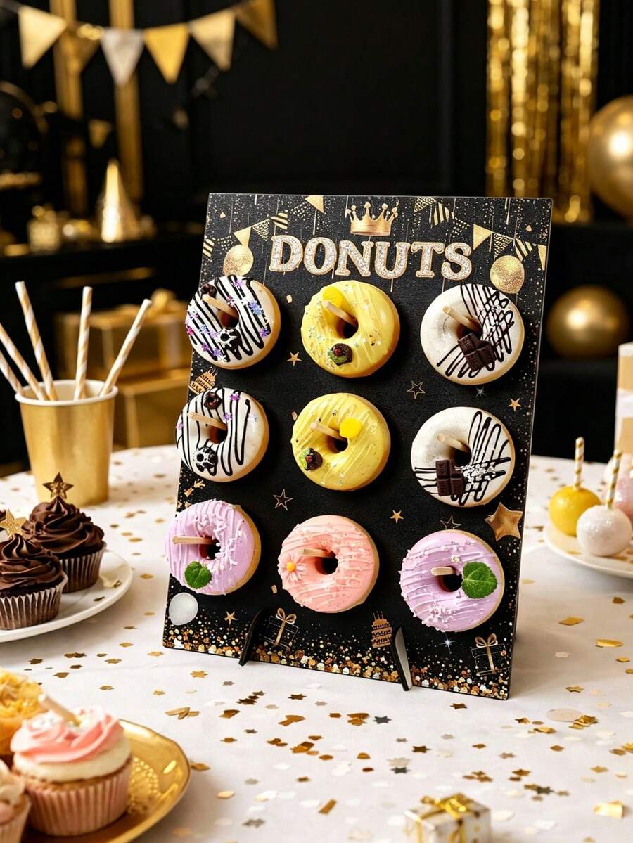 1 Stück schwarzer goldener Holz-Donut Präsentationsständer, Größe 35*26cm, hält 9-16 Donuts, geeignet für Geburtstagsdekoration, Hochzeitsfeier, Donut-Präsentation, Party-Tischdekoration, Tisch-Mittelstück, Baby-Shower, Jubiläums-/Feiertagsparty, Geburtstagsnachtisch-Präsentation, Wohndekoration. Diese rechteckige Ablage kann als dekorativer Ständer zum Präsentieren von Donuts verwendet werden und verleiht Ihrem Esstisch einen charmanten Akzent, DIY Dessert-Dekorationselement
