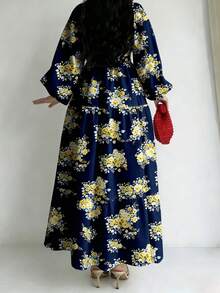 优雅印花长袖连衣裙，适合春秋季穿着，女士款，涤纶材质，无弹力，可机洗，四季皆宜。 - 寶藍色 - 查看 2