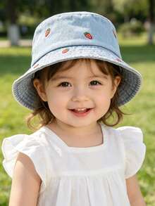 1pc Kids Embroidered Pattern Sun-Shading Casual Distressed Bucket Hat, Suitable For Outdoor Activities And Daily Use - Strawberry - Light Blue - View 3