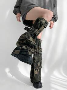 Functional Design Subculture Heavyweight Washed Distressed Camo Punk Apocalypse Style Adjustable Leg Gaiters - Camouflage (suitable for Calf Circumference Up to 38cm) - View 5