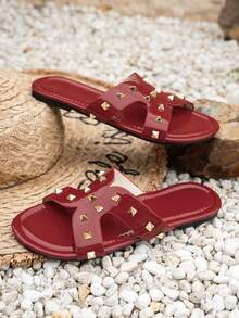 Rivet Flat Sandals, Minimalist Versatile Slip-On Casual Slippers, Comfortable Open Toe Slides For Summer - Red - View 5