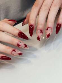 Adorn Your Nails With This Set! Each Set Contains 24 Cute Vintage-Style Burgundy Star-Studded Rhinestone French Almond-Shaped Nail Stickers, Perfect For Daily Wear, Dates, Parties, And Holiday Celebrations. - Multicolor - View 1