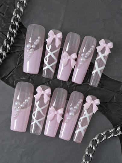 CrystalHola 10pcs Pink Nail Acrylic Handmade Press-On Nail Extra Long Coffin French Manicure, Y2K Style, Ballet Style, Fresh, Simple, Glitter And Rhinestone,3D Gold Metal Circular Accents Design, Full Coverage, Removable And Reusable, Unique Summer Nail Art, A Must-Have Fashion Accessory For Parties And Weddings.