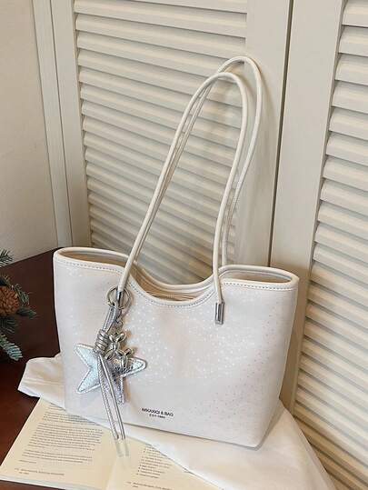 1 chiếc túi tote bằng da PU trơn họa tiết ngôi sao, khóa kéo, thiết kế tối giản thanh lịch, phù hợp cho đi làm và mua sắm.