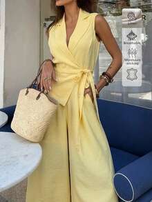 2 piezas Conjunto de lino elegante y casual minimalista para vacaciones/uso diario, para mujer - Amarillo - Ver 5