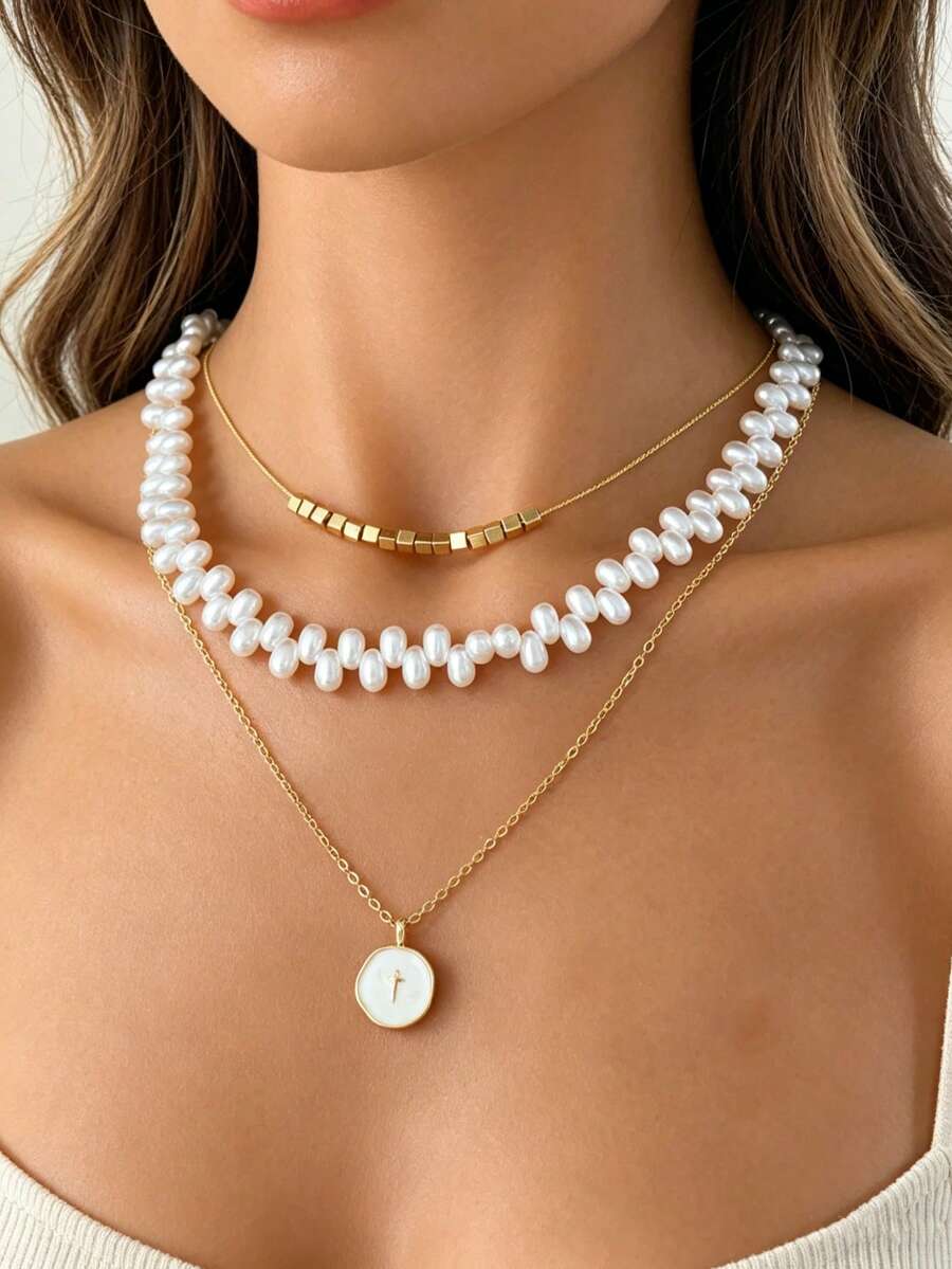 European And American Style Multi-Layer Couple Necklace, Minimalist Metal Pendant Necklace For Women - Gold - View 1