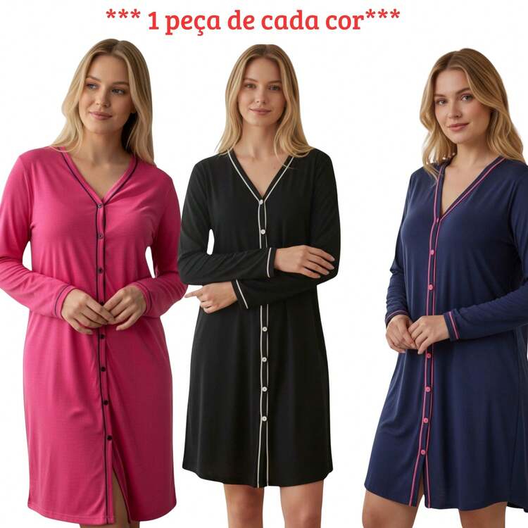 Set Of 3 Surgical American-Style Nursing Pajamas With Buttons In Knit Fabric, Assorted Colors, Blogger Style - 3件長袖T卹 - 查看 4
