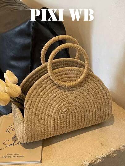 简约纯色编织手提包，顶部圆形提手饰有螺旋纹理，适合年轻女性、女孩、青少年，度假风编织包，适合海滩郊游和休闲场合。