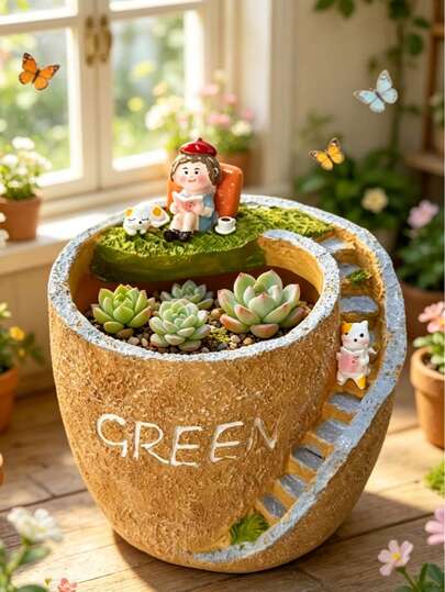 Cute Character Planter Pot Resin Succulent Flower Pot With Cat Ornaments Decorative Plant Pot For Indoor Outdoor Garden Balcony Yard Home Office Desk Decoration Gardening Gift For Plant Lovers