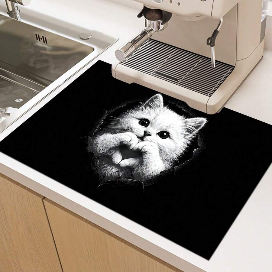 1pc Cute Cat Pattern Printed Absorbent Dish Drying Mat, Home Decor, Suitable For Espresso Machine, Sink, Faucet, Bathroom, Kitchen Accessories - Multicolor - View 1