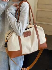 Color Block Travel Tote Bag, Large Capacity Handheld/Shoulder/Crossbody Duffel For Short Trips, Vacation, Gym, Beach & Back To School - Brown - View 6