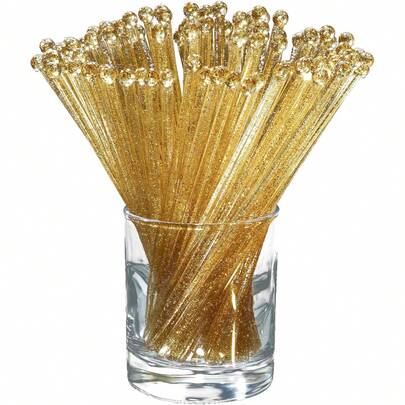 200pcs Gold/Transparent Cocktail Stirrers, Cocktail Picks, Drink Mixers, Fruit Picks, Decorative Sticks, Party Decorations, Suitable For Birthday, Holiday, Bar, Cocktail