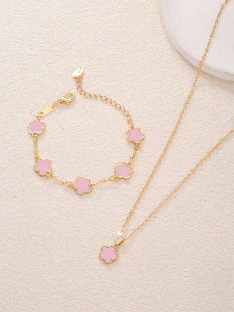 2pcs/Set, 1pc Pendant Necklace + 1pc Bracelet, Fashionable Luxury Personalized Minimalist Gold Star Flower Oval Jewelry Set, Suitable As Girlfriend, Wedding, Graduation, Date Gift - 粉色 - 查看 1