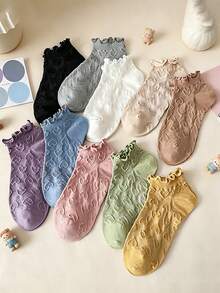 4 Pairs Cute Ruffled Heart Embossed Pastel Color Short Socks, Novelty Ladies Socks In Pink & Invisible Boat Socks, Breathable Soft Absorbent Low-Cut Socks, Casual Socks In Lolita/JK Style - Multicolor - View 4