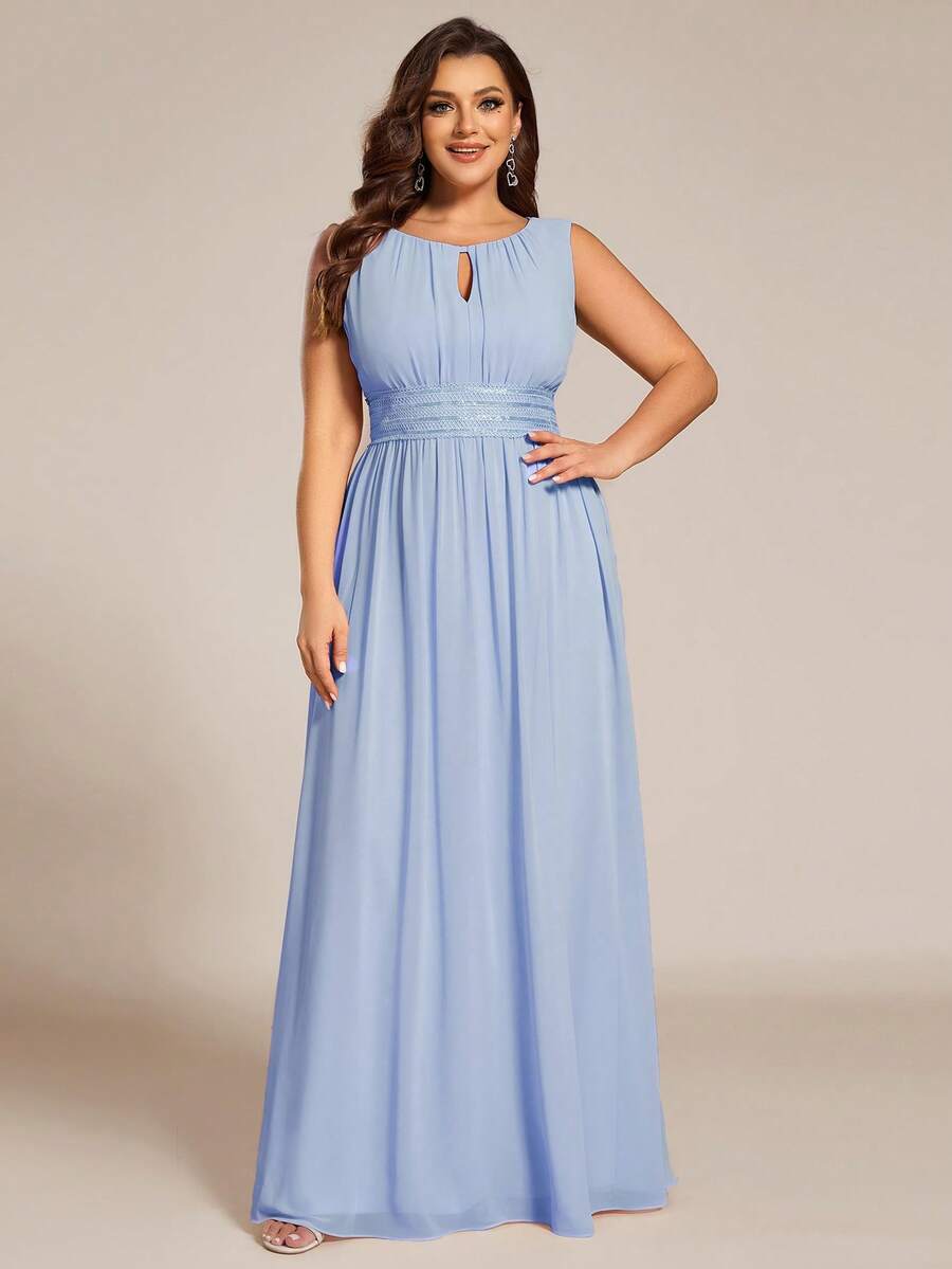 EVERPRETTY Plus Elegant Sleeveless Round Neck Sequin High Waist Party Dresses Long Formal Dresses For Dinner Wedding - Baby Blue - View 1