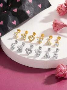 Flat Back Press-In Lip Stud, Screwless Personalized Nose Ring Medusa Lip Piercing Jewelry, Butterfly Heart-Shaped Zirconia Lip Stud Piercing Jewelry - Pole Type - View 2