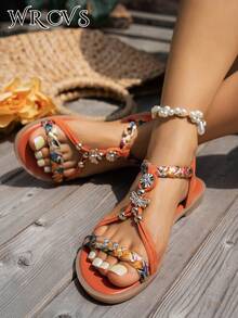 WRCVS Orange Women's Sandals, Summer Shoes, Woven Shoes, Lightweight Non-Slip Beach Shoes, Random Floral Retro Pattern, Handmade Beaded Bohemian Style Vacation Shoes, Outdoor Retro Shoes - Orange - View 2