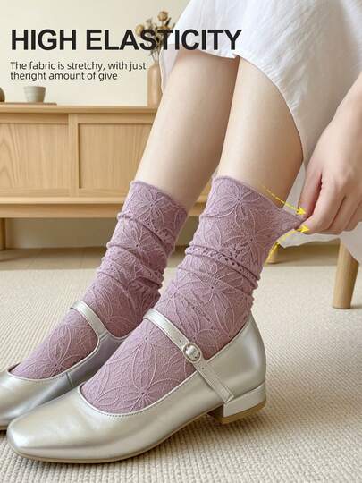 1pc Women's Apricot Hollow Mesh Lace Mid-Calf Socks, High Elasticity Comfortable Non-Abrasive Retro French Style Versatile Socks, Suitable For JK & Lolita Outfits