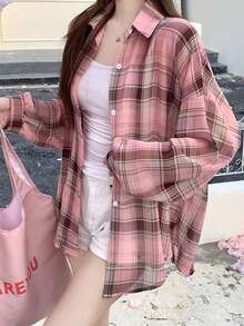 女士格子衬衫，夏季新款休闲宽松上衣 - 拼接粉 - 查看 7