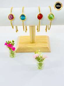 Pulsera ajustable de acero inoxidable con piedra de ojo de gato verde menta, joyería de lujo chapada en oro de 18K para el día a día - Dorado - Ver 3