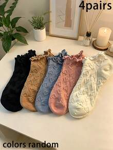 4 Pairs Cute Ruffled Heart Embossed Pastel Color Short Socks, Novelty Ladies Socks In Pink & Invisible Boat Socks, Breathable Soft Absorbent Low-Cut Socks, Casual Socks In Lolita/JK Style - Multicolor - View 9