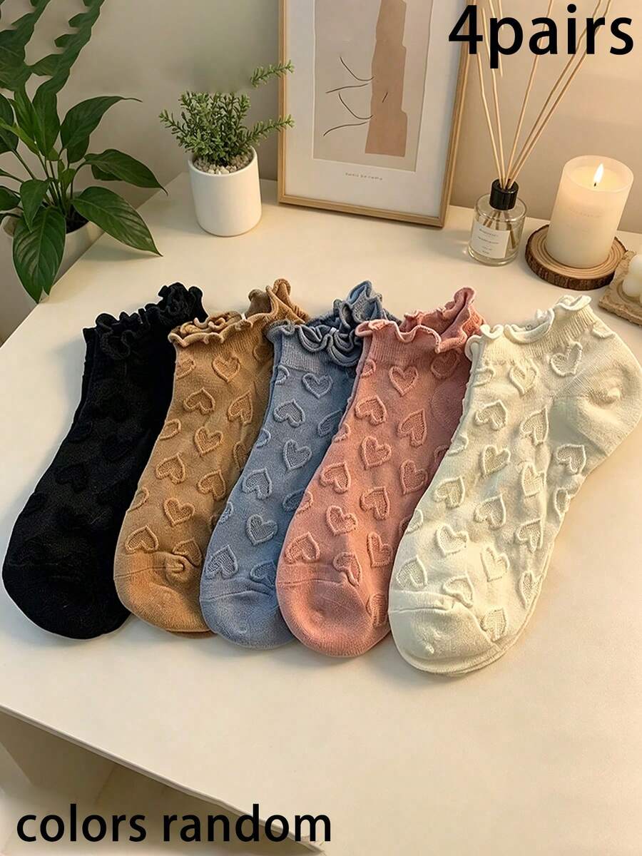 4 Pairs Cute Ruffled Heart Embossed Pastel Color Short Socks, Novelty Ladies Socks In Pink & Invisible Boat Socks, Breathable Soft Absorbent Low-Cut Socks, Casual Socks In Lolita/JK Style