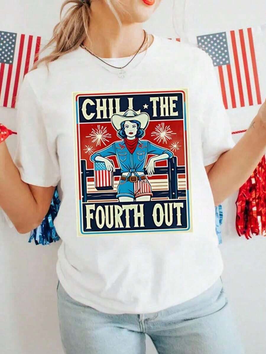 Workout Shirts Women Chill The Fourth Out Shirt, Retro 4th Of July Shirt, Funny Fourth Of July Shirt, Patriotic Cowgirl Shirt, USA T-Shirt, American F - 復古七月四日 Shirt006 - 查看 1