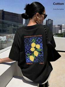 Ny modell 2026 Överdimensionerade toppar för vår/sommar, 100 % bomull, kortärmade dam-t-shirts, glatt och fräscht citronblommönster, enfärgad, rund hals, mjuk och bekväm, vardagskläder, streetwear, Y2K, strand, examen, semester, topp, sommar, vår, t-shirt, gym, sport, festtopp, blus, romersk, vintage, karneval, alla hjärtans dag, Maija, damtoppar, våroutfit, jersey, damvinterkläder, damsommarkläder, roliga t-shirts, semester, strand, fritid, söta toppar, svarta toppar, vita toppar, sommartoppar, dammode för våren, damkläder för påsk, karneval, alla årstider, kontor/vardagsrum/hem/minimalist, damstil i western, outfits, amerikansk retrostil, unisex, ytterkläder, höst, plus size-mode för dam, alla hjärtans dag, karneval, semestertopp, sommarfest, examen, bröllop, musikfestival, högtid, svart topp, sommar-t-shirts - Svart - Visa 1