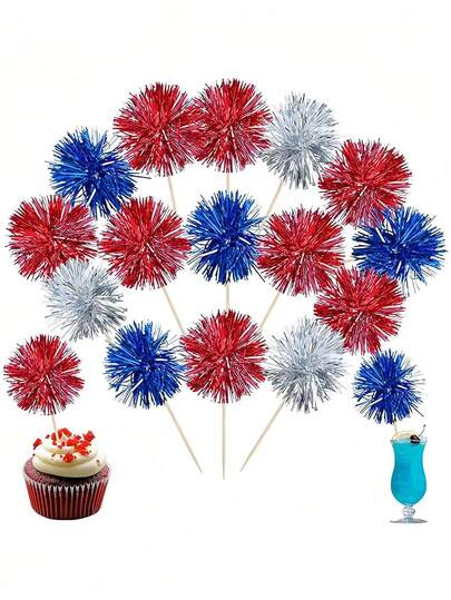 12pcs Aluminum Foil Firework Paper Cup Decorative Picks, Shiny Tassel Cup Toppers, Birthday Cake Decor, Fruit Cocktail Food Picks, Birthday Party Supplies, Red, Silver, Blue Colors, Suitable For Birthday, Wedding, Graduation Parties