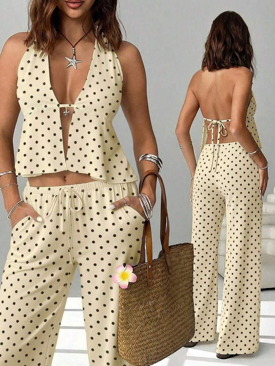 2 piezas Conjunto casual de vacaciones para mujer con top halter sin espalda y pantalones en color caqui tejido - Multicolor 4 - Ver 1