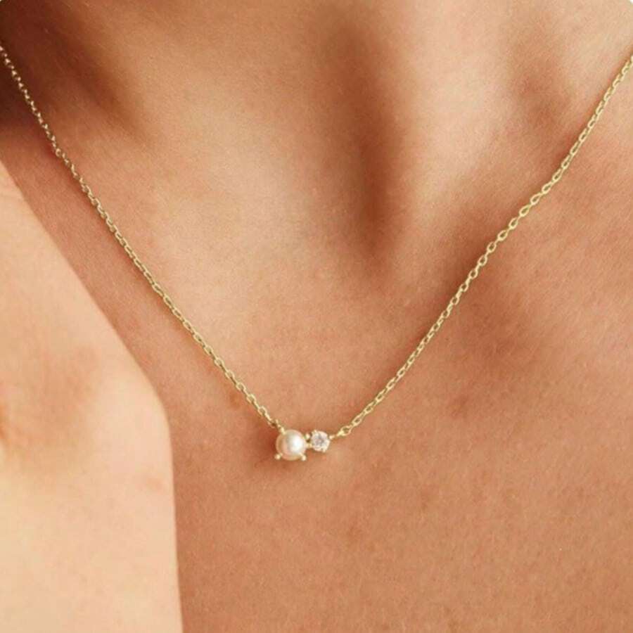 Dây chuyền ngọc trai tối giản, dây chuyền đính đá Cubic Zirconia, thích hợp cho đám cưới, quà tặng cô dâu, trang sức ngọc trai, quà tặng phù dâu, dây chuyền phù dâu, đeo hàng ngày. - phong cách 1 - Xem 1