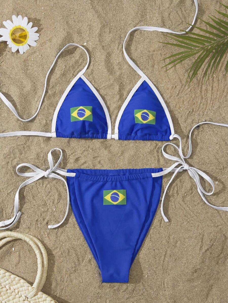 Ensemble de bikini à col ras-du-cou avec imprimé drapeau du Brésil, maillot de bain deux pièces style brésilien à nouer, bikini triangle, maillot de bain à séchage rapide pour vacances, plage et été - Bleu azur - Voir 1