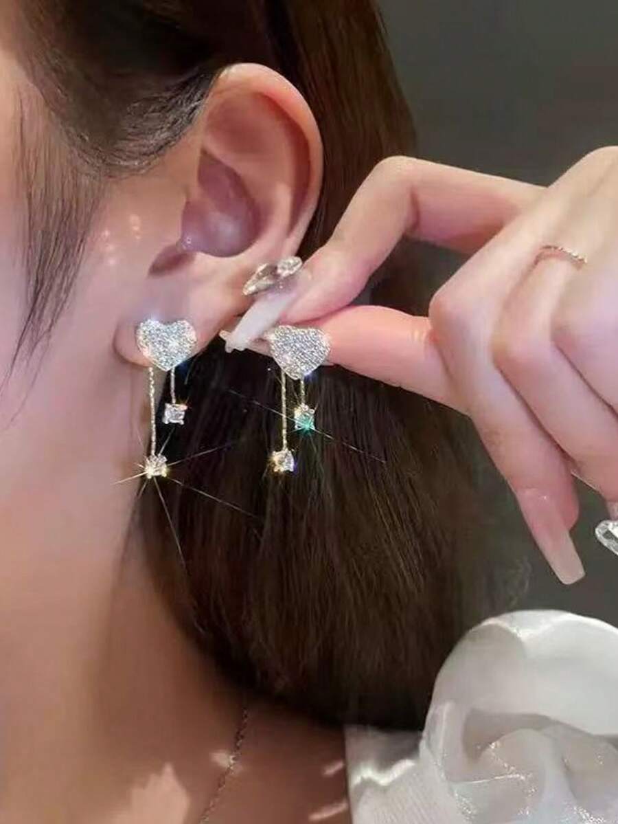 1件简约爱心水钻流苏对称耳环，女士度假约会礼物 - 金黃色 - 查看 1
