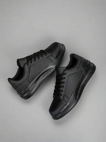 Men's Casual Comfortable Lace-Up Round Toe Outdoor Sports Sneakers, Fashionable Black Shoes - Black - View 1