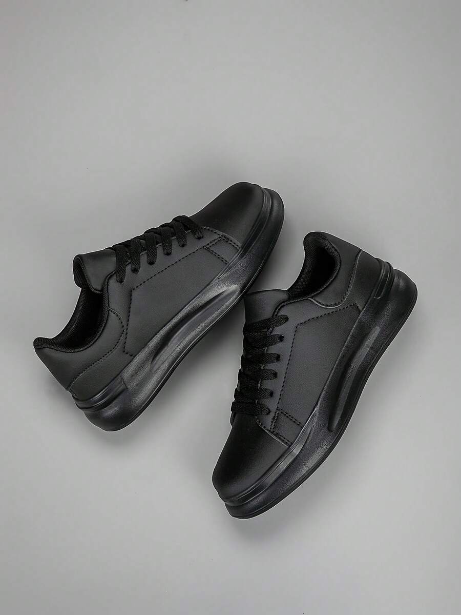 Men's Casual Comfortable Lace-Up Round Toe Outdoor Sports Sneakers, Fashionable Black Shoes - Black - View 1