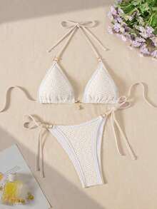 Traje de Verano para Mujer, Bikini Triangular con Tela Calada Decorado con Conchas Azules y Perlas - Beige - Ver 12