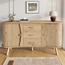 Pea-Shaped Sideboard With Fluted Design, Two Sliding Doors + Three Drawers, Height-Adjustable Compartments, Solid Wood Legs, Wood Look, MDF Material, Modern Scandinavian Style. - Camel - View 2