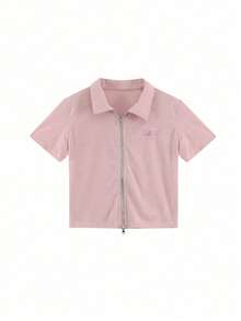 Women Summer Fitted Polo Collar Plain Color Short Sleeve Casual T-Shirt, Slim Fit Zippered Cropped Tops, Fashion Pink - Pink - View 4