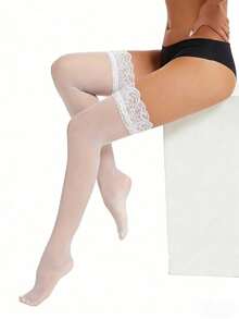 1 đôi tất dài đến đùi màu nude xuyên thấu dành cho nữ, viền ren trắng, siêu mỏng, độ co giãn cao, kiểu dáng thanh lịch, lãng mạn, thích hợp cho các buổi hẹn hò, tiệc tùng và làm đồ lót. - Nhiều màu - Xem 4