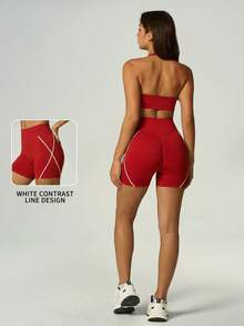 UONNOU Women's Contrast White Cross Line High Waist Biker Shorts, Tummy Control Hip Lifting Ruched Back Seamless Ribbed Stretch Workout Yoga Shorts - Red - View 2