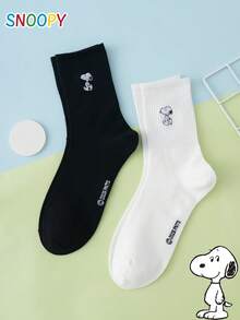 2 Pairs Of Men's Mid-Calf Crew Socks From The SNOOPY Series, Featuring Cute, Fun And Personalized Cartoon Puppy Embroidery. - Black and White - View 5