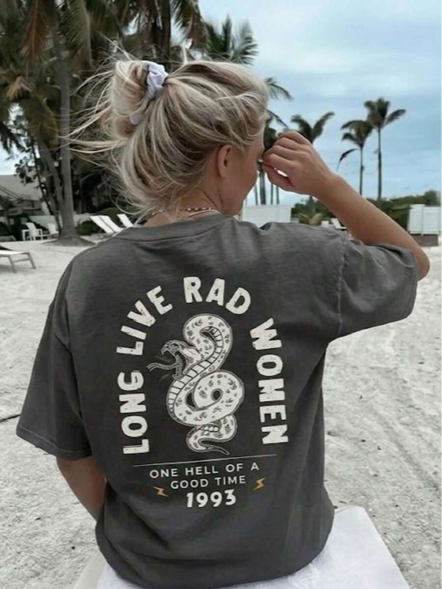 轻盈舒适柔软的短袖T恤，修身剪裁，适合全天穿着，INS街头风Pinterest“女神万岁”蛇纹印花，炭灰色夏季休闲上衣 - 深灰色 - 查看 1