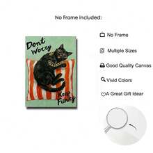 Set Of 1 Funky Black Cat Don't Worry Keep Funky Canvas Wall Art | Retro Groovy Poster For Living Room Bedroom,Frameless/Framed - A - View 4