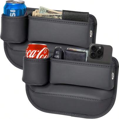 1pc Adjustable Car Seat Crevice Storage Box With Cup Holder, Leather Car Seat Gap Organizer Pouch For Phone, Glasses, Keys, Cards (Black, Driver/Passenger Side), 1pc Car Seat Gap Filler With Cup Holder