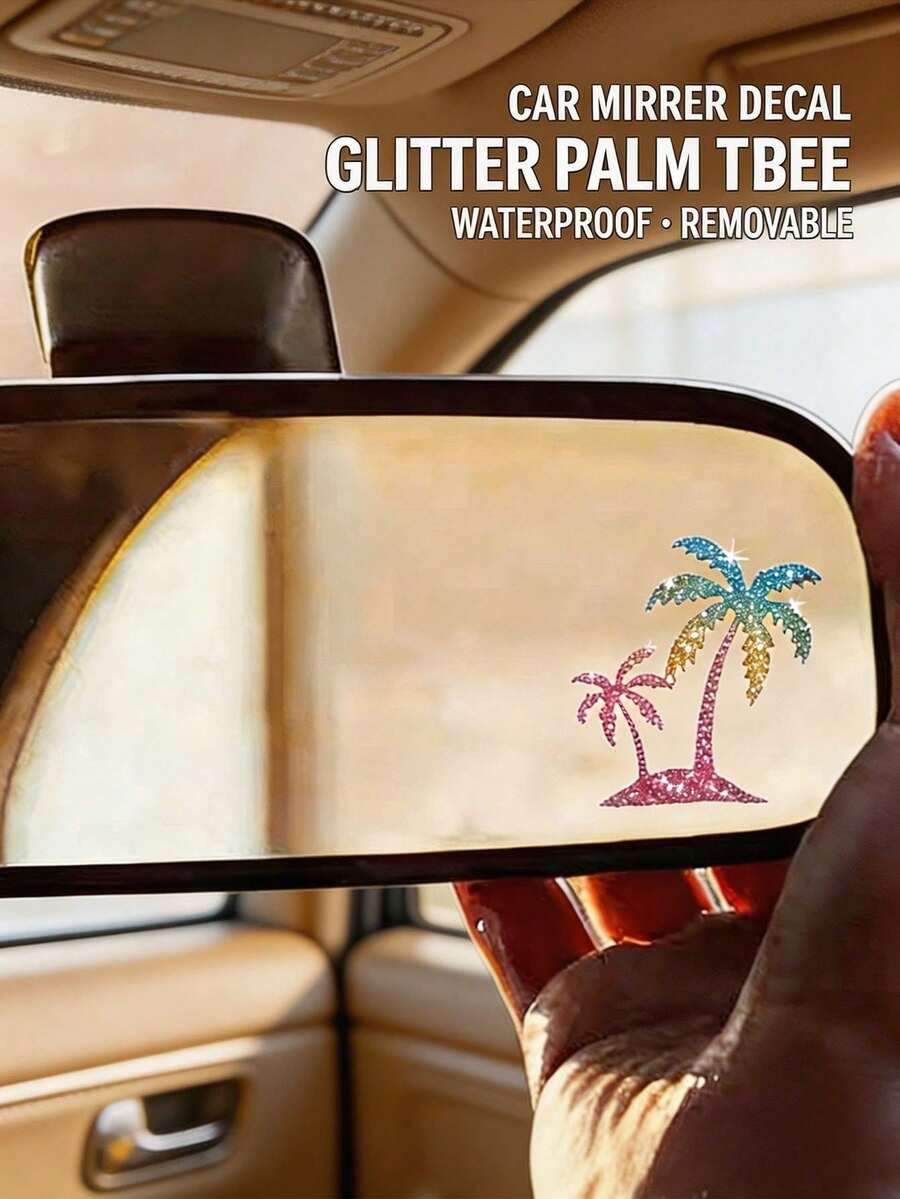 4 piezas Pegatinas para espejo retrovisor con patrón de palmeras y isla - Decoración brillante y chispeante, fácil de aplicar y quitar sin dejar residuos, universal para automóvil, camión y motocicleta - Accesorios de automóvil con brillo