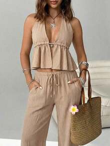 2 piezas Conjunto casual de vacaciones para mujer con top halter sin espalda y pantalones en color caqui tejido - Caqui - Ver 3