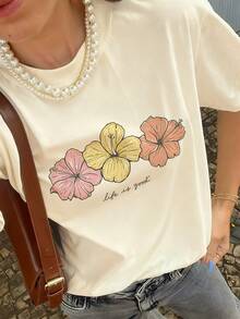Women's Casual Shirt Print T-Shirt, Short Sleeve And Round Neck, Local Spring/Summer Urban Fashion. - 杏色 - 查看 2