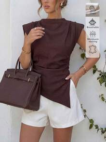 Elegant Linen Casual Romantic Charm Date Commute Daily Vacation Linen Cinched Waist Blouse, Summer Outfits, Going Out Tops For Women - Brown - View 5